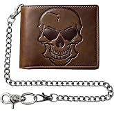 Biker Leather Chain Wallet Punk Skull Genuine Leather RFID Blocking Bifold Wallet with Chain for Men or Boy Gift Brown