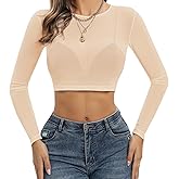 SPSHODOW Women's Mesh Long Sleeve Top See Through Shirt Sexy High Crew Neck Sheer Blouse