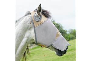 DEERFAMY Adjustable Horse Fly Mask, High-Quility Net Mesh Mask with Large Eye Space,Full Coverage, Soft & Gentle on Skin, No Ears but with Nose (Gold, XL)