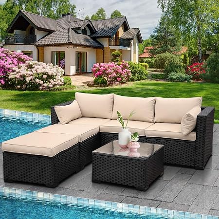 Amazon Com Outdoor Sectional Sofa Set 4 Piece Patio Pe Black Wicker Rattan Conversation Furniture With Khaki Cushion Garden Outdoor