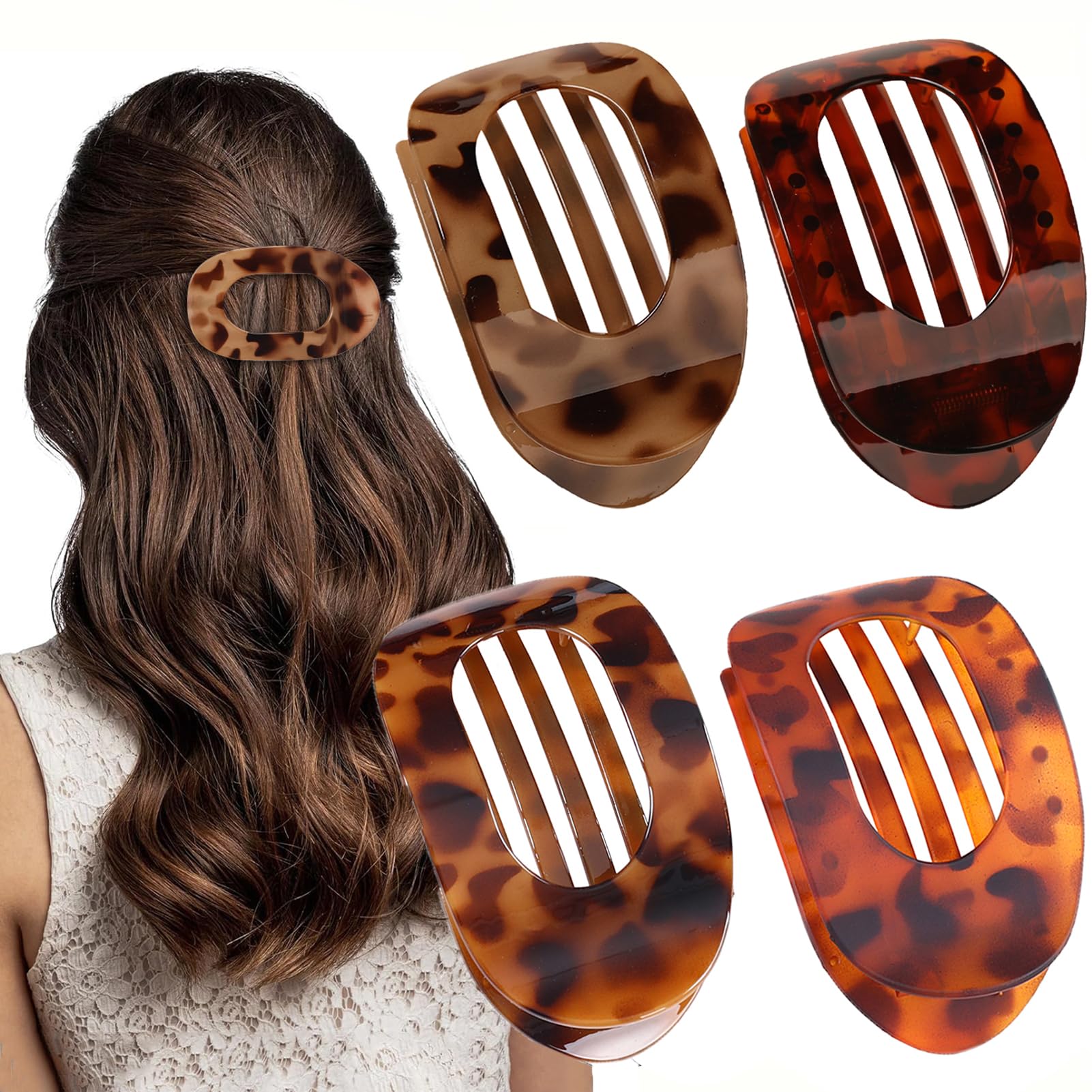 Yeomju Pack of 4 Tortoiseshell Leopard Flat Hair Clips for Women, Comfortable Round Lay Down Claw Clip for Thick and Thin Hair — image 1