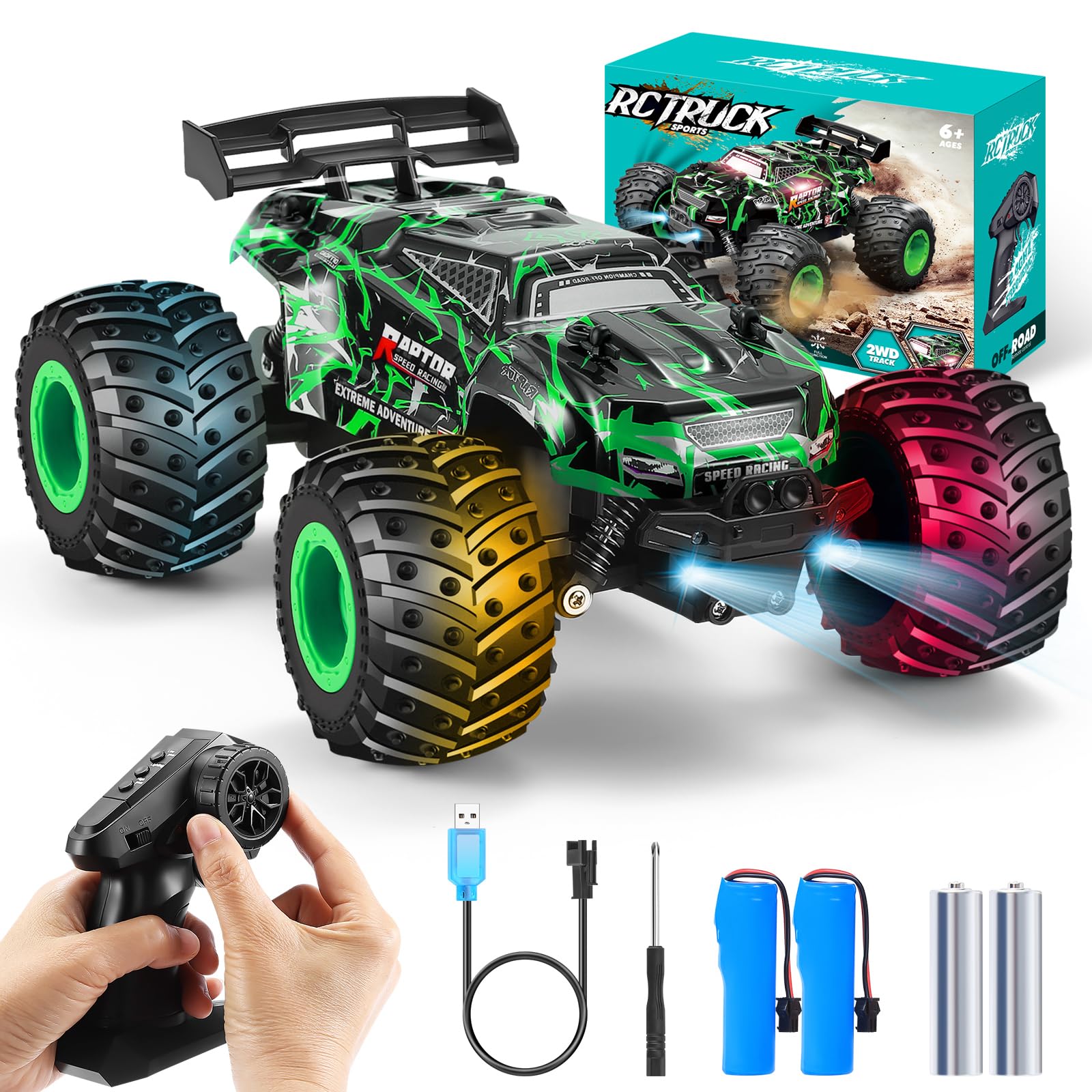 Photo 1 of ***BROKEN WHEEL*** BIFYTON Remote Control Car, 1:18 Rc Cars, All-Terrain RC Truck with LED Light, 20KM/H, Rechargeable, 2WD, 2.4GHz, Sturdy PVC Shell, Remote Control Truck for Boys 4-7 8-12, Beginner (Green)