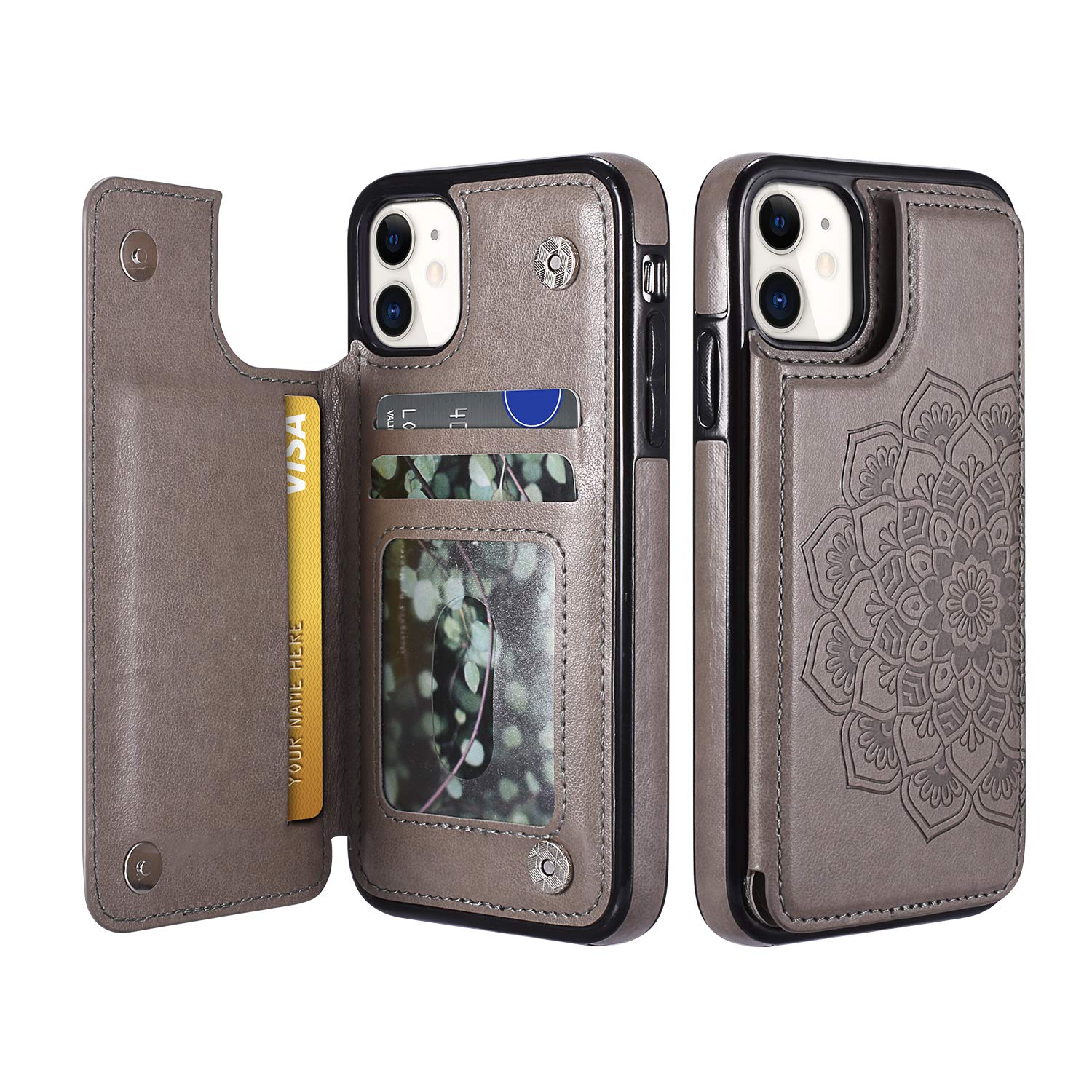 UEEBAI Case for iPhone 12 Pro Max 6.7", Luxury PU Leather Case [Two Magnetic Clasp] [Card Slots] Stand Function Embossed Mandala Pattern Half Flower Durable Soft TPU Back Wallet Cover - Grey