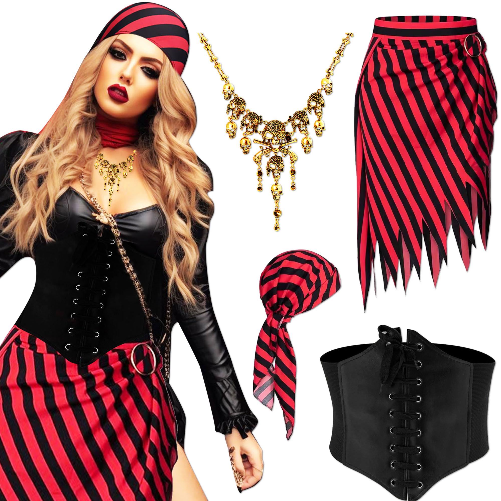 JeVenis Vintage Pirate Costume Accessories Set Pirate Headband Wrap Skull Necklace Waist Belt Captain Costume Carnival Music Festival Outfit