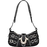 True Religion Denim Shoulder Bag, Everyday Purse with Adjustable Strap, Zip and Magnetic Snap Closure, Black