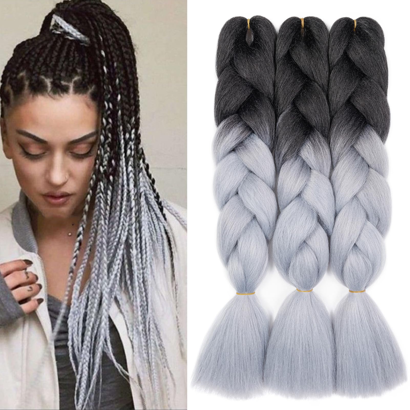 Dcbaboo Jumbo Braiding Hair Extensions 3packs 24inch Synthetic Hair Kanekalon Ombre Braids Afro Crochet Braids Twist Hair 300g, Black-Silver Grey — image 1