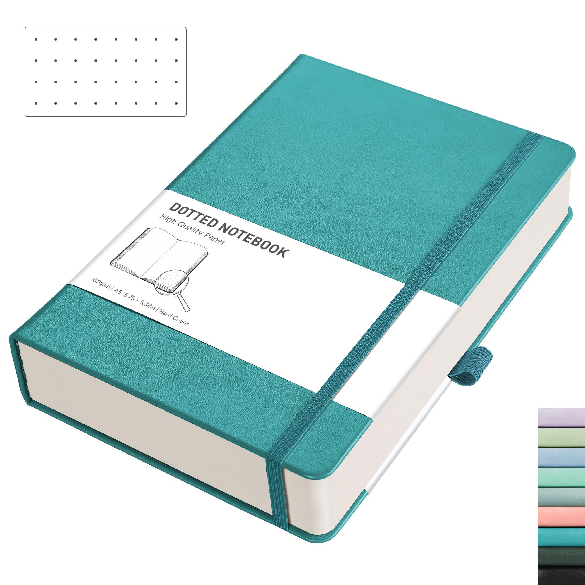 RETTACY A5 Bullet Dot Grid - Dotted Notebook with 320 Numbered Thick Journal Leather Hardcover 100gsm Paper Pen Holder, Inner Pocket, 2 Free Journal Stencils 14.5 x 21cm-Cyan green — image 1