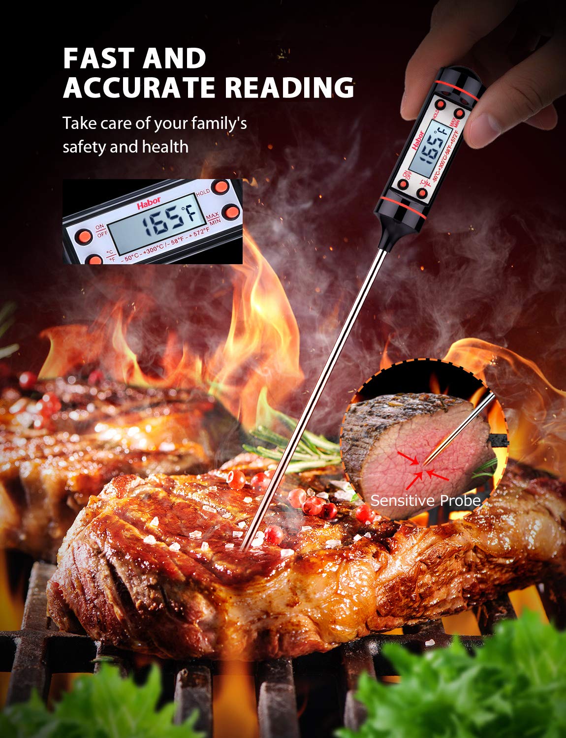 Meat Thermometer, Habor Cooking Thermometer [5.8 Inch Long Probe] with