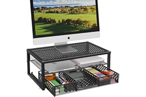 Ekisemio Metal Monitor Stand Riser and Computer Desk Organizer with Drawer for Laptop, Computer, iMac, Black