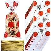Blulu 100 Pieces Basketball Party Treat Bags Plastic Basketball Theme Candy Goodie Bags with 100 Pack Gold Twist Ties for Sports Team Party Favors