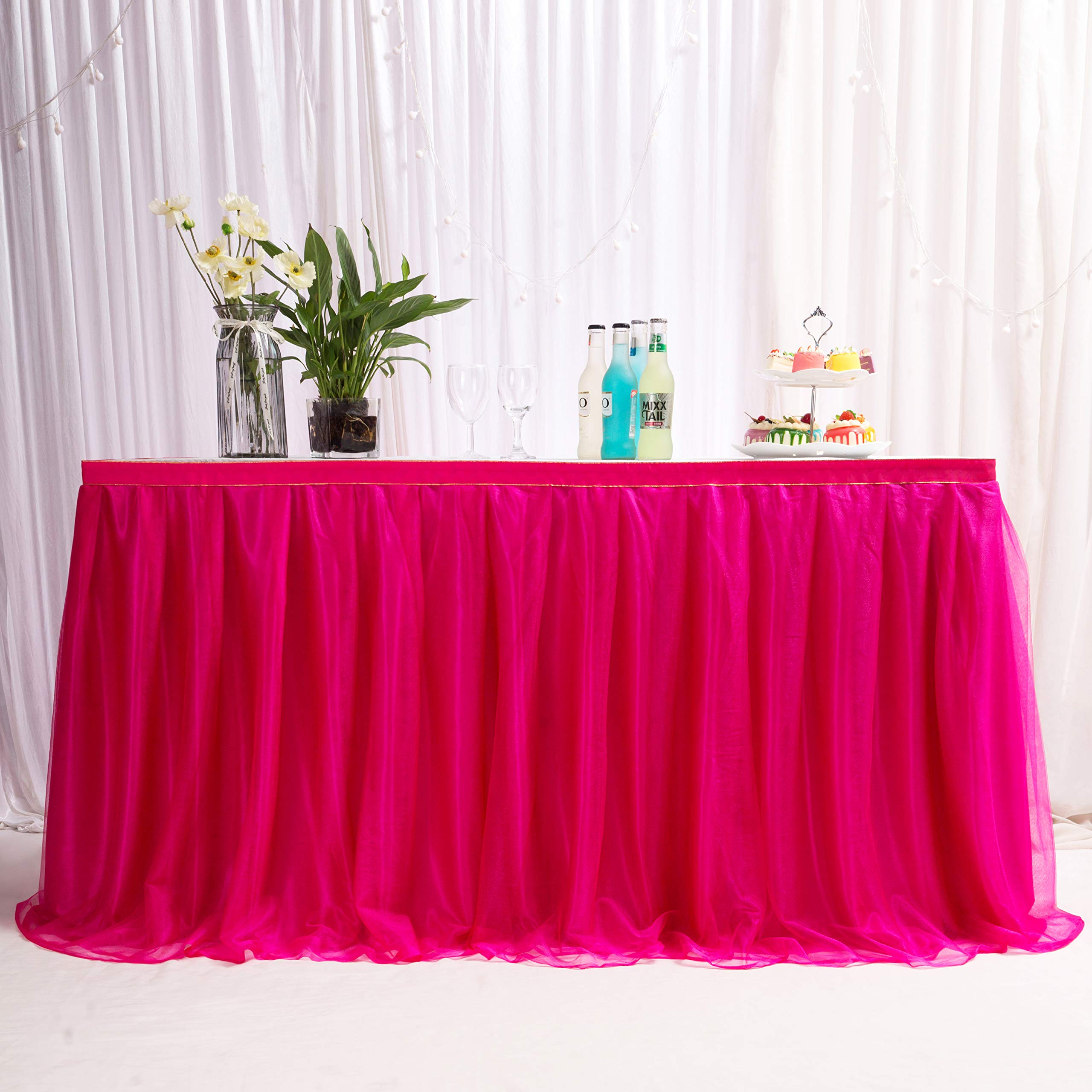 MYMM 14ft / 426cm Red Table Skirt, Romantic Tulle desk gauze, Table Decoration, Snowflake Wonderland Tutu Table Cloth, for Baby Shower, Wedding, Birthday, Party, Bar, Prom, Valentine's Day Christmas