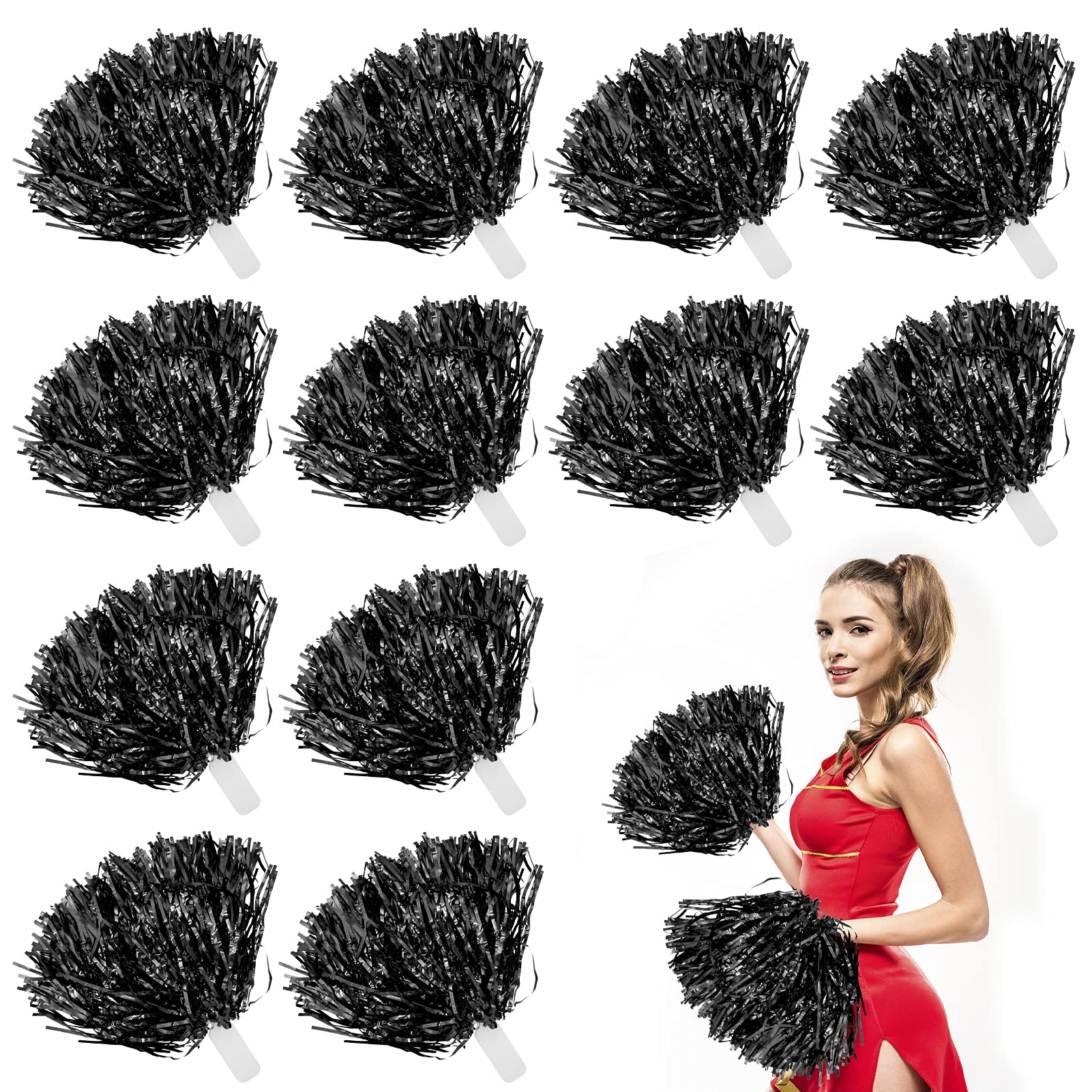 JC-Houser 12Pcs Metallic Cheerleading Pom Poms with Cozy Handle, Adorable Cheerleader Pompoms Hand Flowers for Kids Adults Ball Dance Sports Team Spirit Cheering Fancy Dress Night Party (Black)
