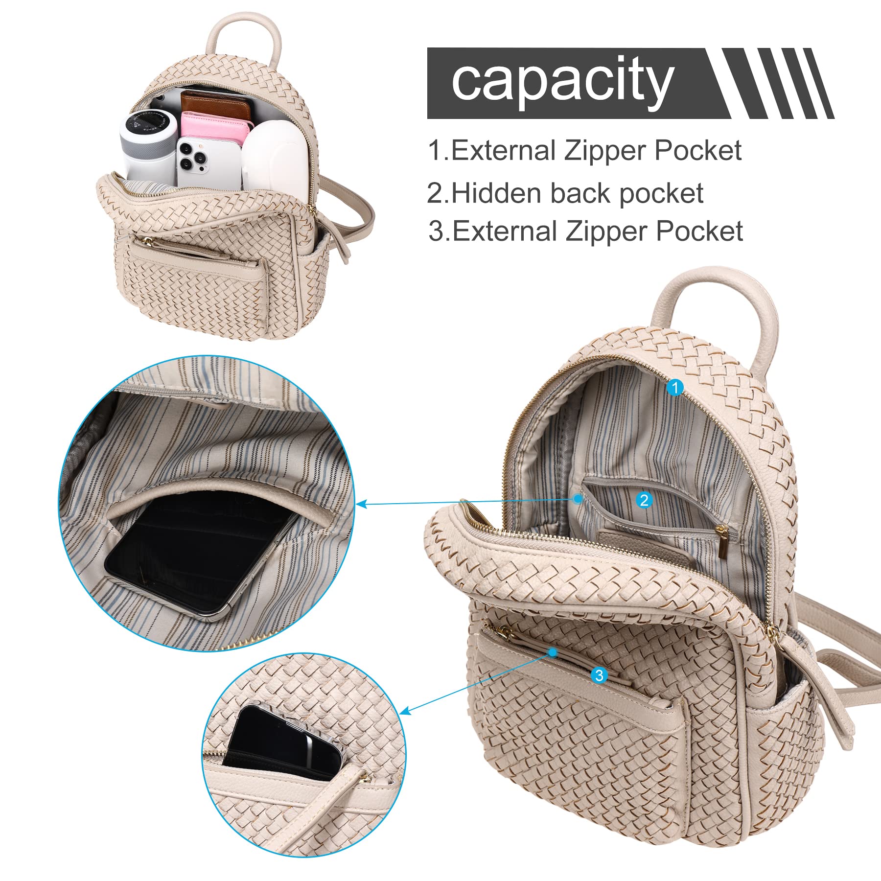 SHOMICO Mini Woven Backpack Purse for Women Trendy Daypacks Stylish Backpack Women's Fashion Handbag for Easter Egg Hunt, Spring Travel Vacation, Easter Gift (Small Beige Woven)