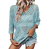 SHEWIN Womens Summer Tops Hollow Out Beach Crochet Cover Ups V Neck 3/4 Sleeve Pullover Sweater Shirts