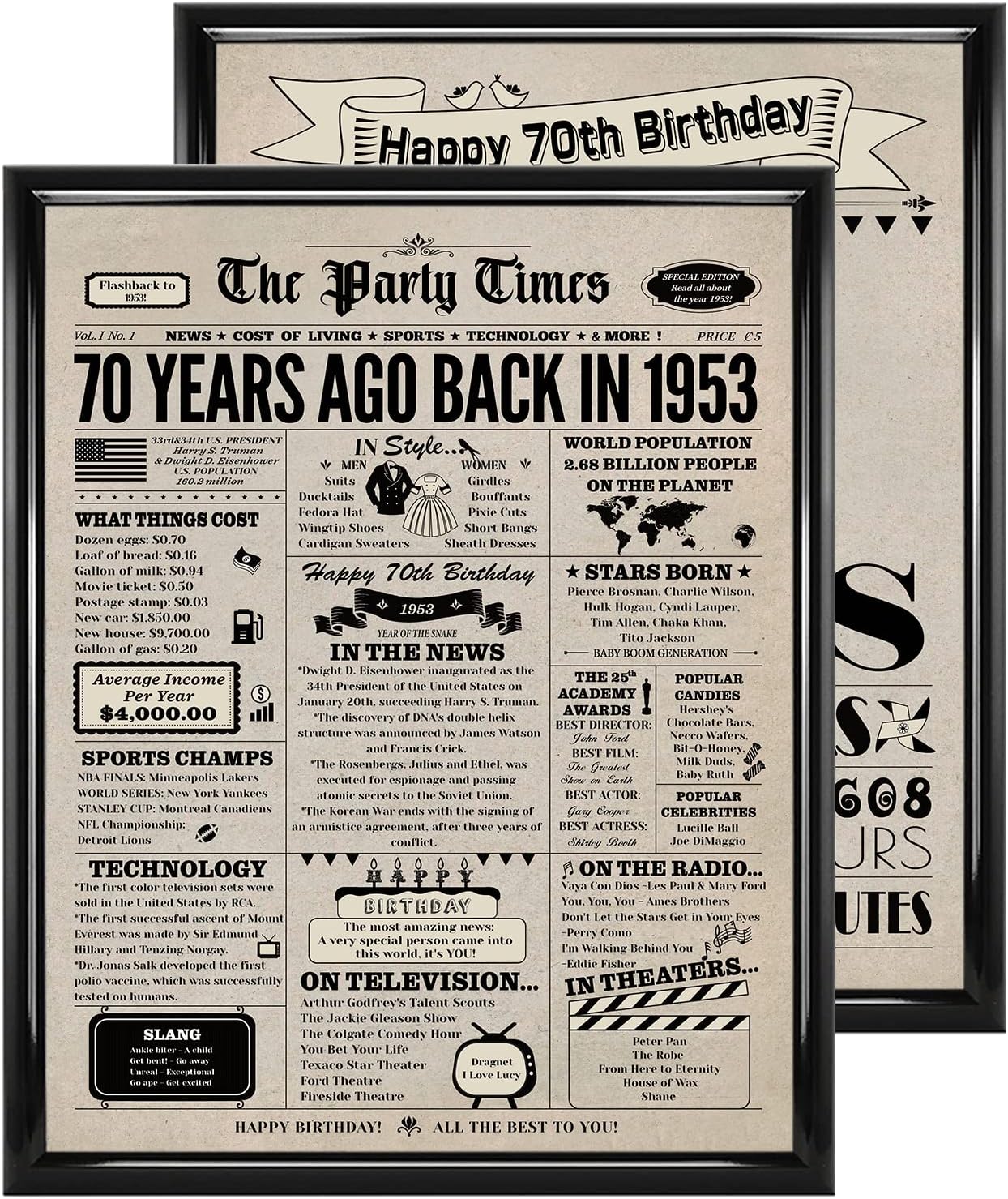 Wall Décor - 70th Birthday Decorations for Women and Men, 2 Pieces Vintage 70th Birthday Posters, Back in 1953 Birthday Party Supplies, 70th Birthday Gifts for Dad and Mom, 8x10 Inch