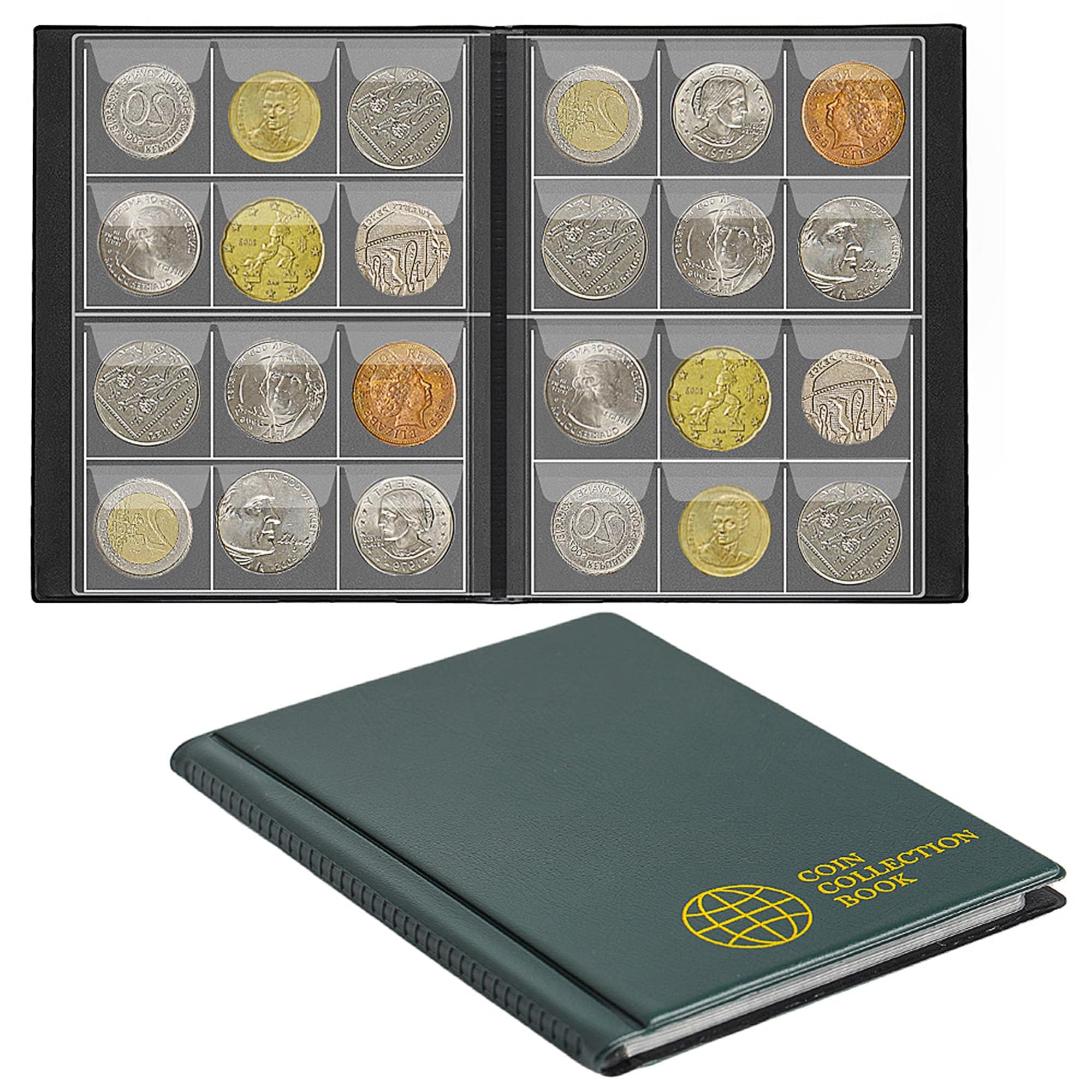 Uncle Paul 120 Pockets Coin Collection Album - Fits Coins Under 25mm, 30x30mm/1.2x1.2 Inch Pocket Coin Holder Collecting Storage Book for Penny Euros CS0112GR