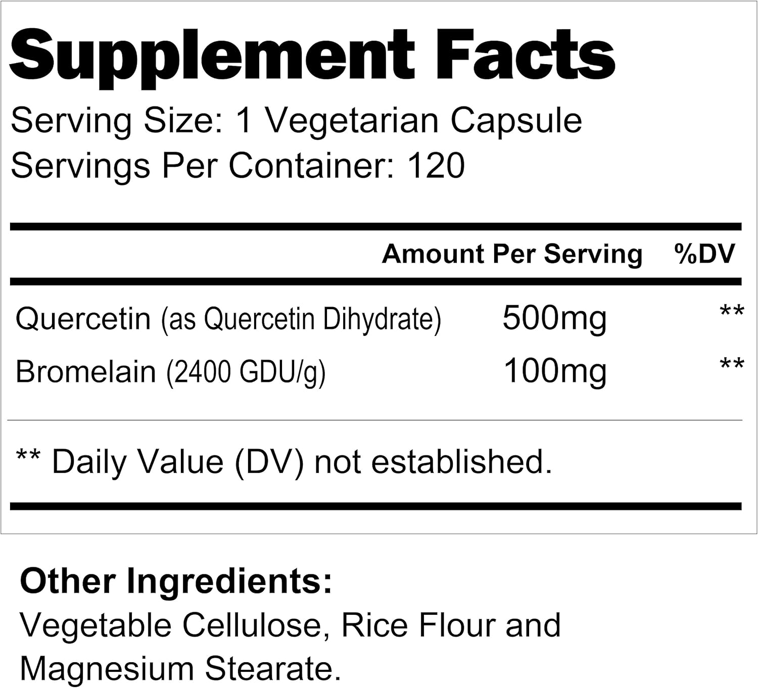 Quercetin 500mg with Bromelain 100mg 120 Vegetarian Capsules | Natural Anti Inflammatory Antioxidant Supplement | Allergy Relief Complex | Heart Health | Dihydrate Pure Powder Extract Cap 500 mg Plus: Health & Personal Care