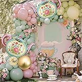 102 Pcs Tea Party Balloons, 35" Huge Teapot Aluminum Foil Balloons Pink Green Gold Confetti Latex Balloon for Girls Birthday Let's Par Tea Baby Shower Bridal Shower Garden Party Decorations Supplies