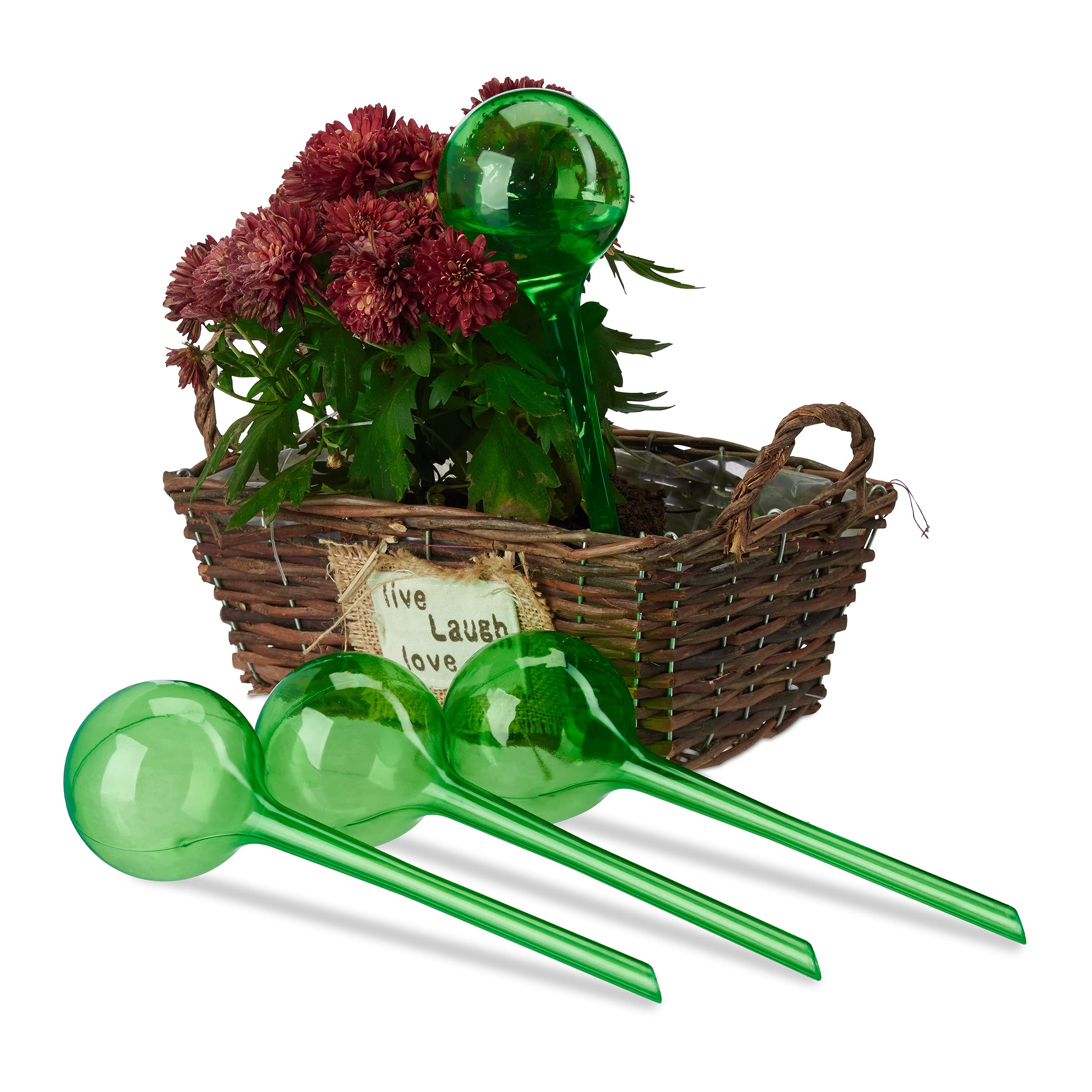 Relaxdays Watering Globes, Set of 4, Regulated Irrigation, 2 Weeks, Pot Plants, Plastic Sphere, Bulb, Green
