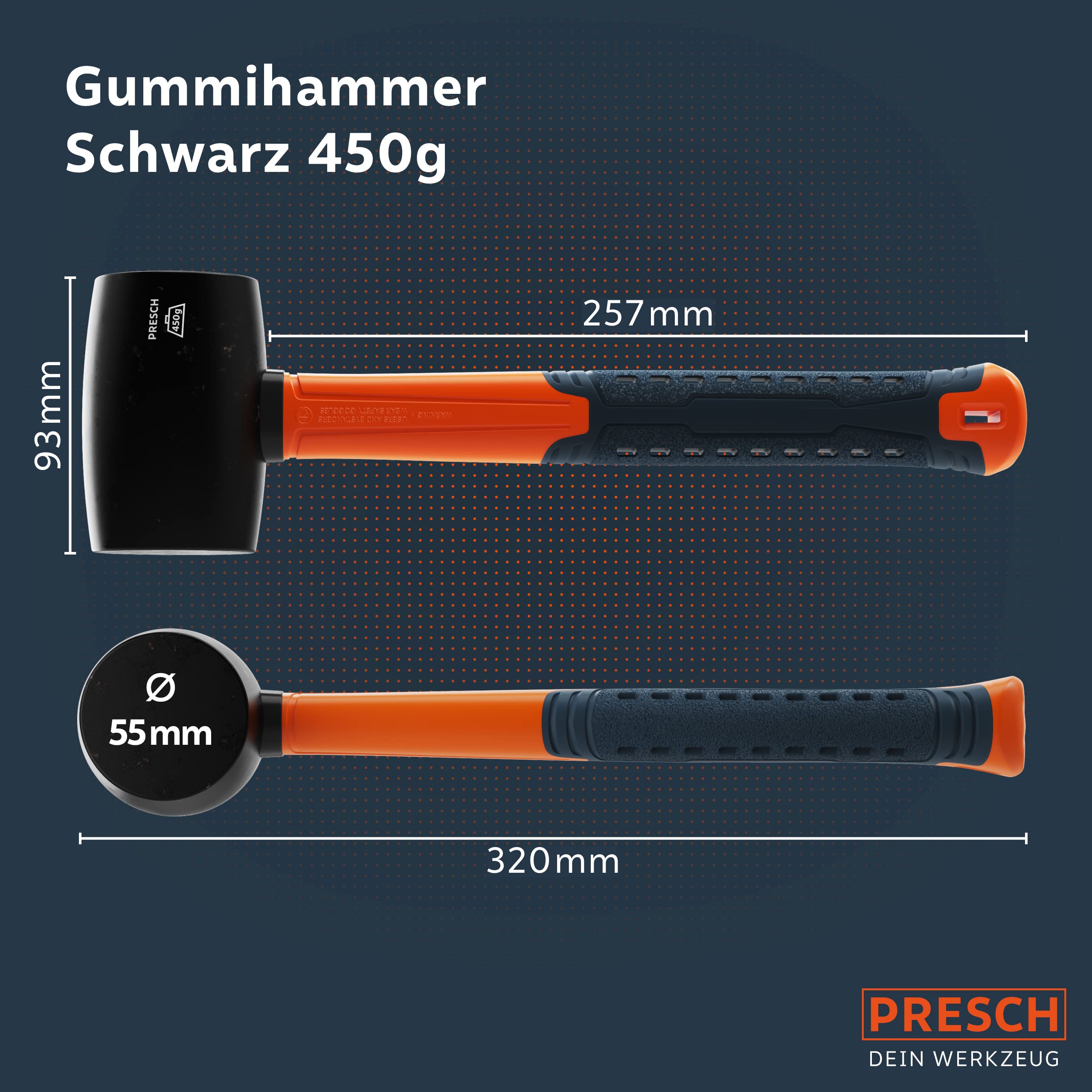 PRESCH Gummihammer Schwarz 450g - Hartgummihammer mit Fiberglasstiel | ⌀=55mm - Schwarzer Naturkautschuk für Outdoor - Langlebiger Schonhammer für Outdoor, Camping, Steine uvm. 6