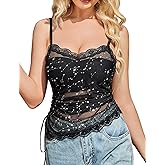 Avidlove Mesh Tops for Women Sheer Cami Camisole Top Ruched Mesh Tank Top Drawstring Asymmetrical Hem