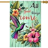 BlissYard Hummingbird Quote House Flag 28 x 40 Inch Double Sided Spring Summer Garden Flag with Bee Tropical Flowers and All Good Things Come Text for Outdoor Yard Decor