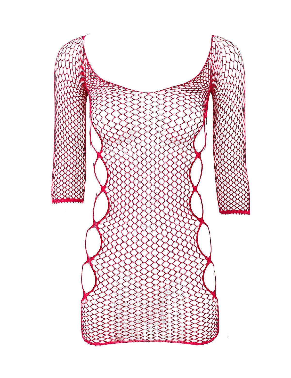 iiniim Women Stretchy Fishnet Lingerie Sexy Hollow Out Mini Night Club Bodystocking Dress Red One Size
