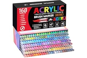 Tongfushop 168 Colors Acrylic Paint Markers, Water-Based Paint Pens with Auto Ink Control & Brush Tip - No Bleed on Rock Pain