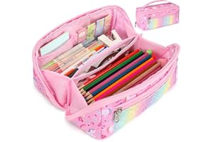 BrainyBees Pencil Case for Girls - Large Capacity Pencil Pouch for Kids Wide Opening Pencil Bag with 8 Compartments Special Cute Pen Case for School (Glitter Pink Unicorn)