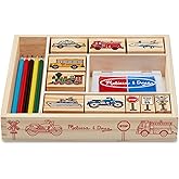 Melissa & Doug Wooden Stamp Set: Vehicles - 10 Stamps, 5 Colored Pencils, 2-Color Stamp Pad