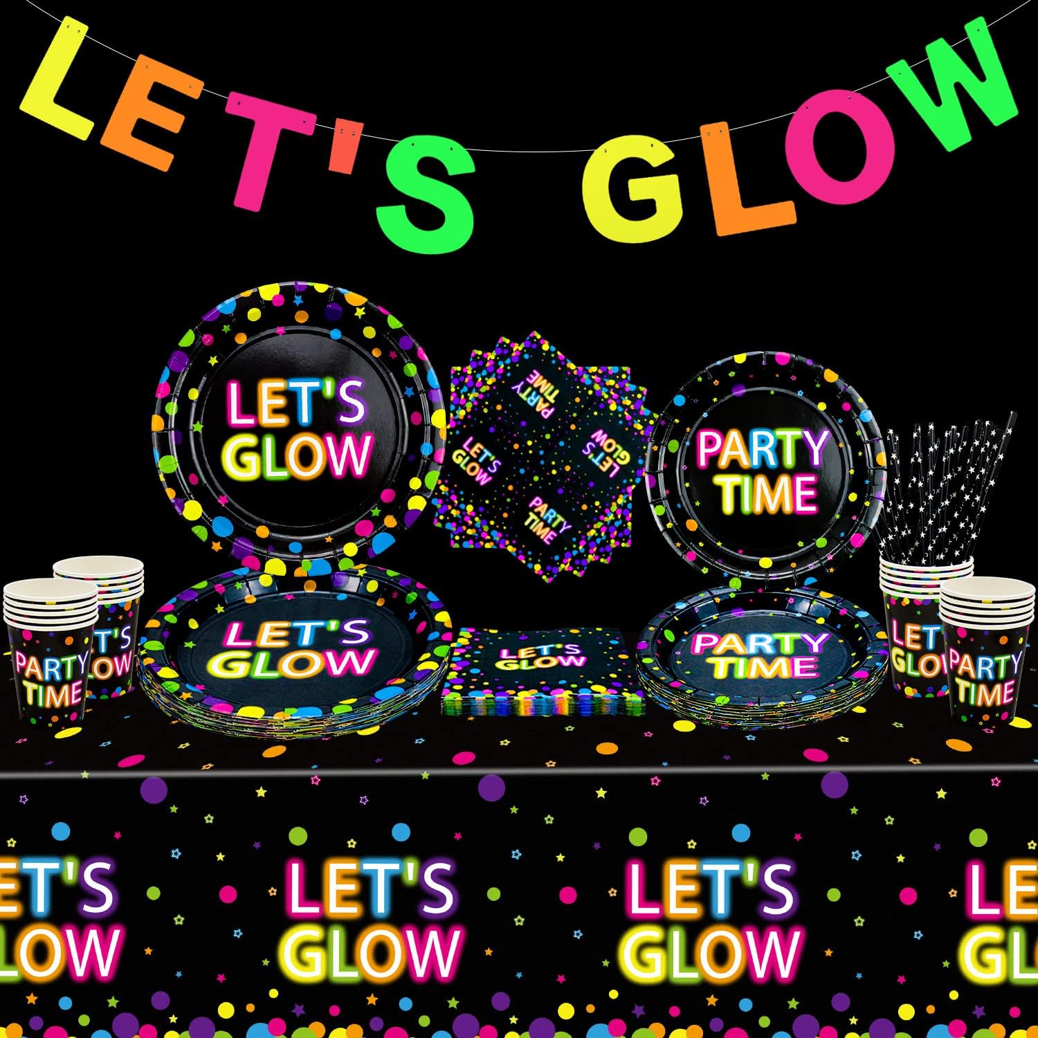 XJLANTTE Glow in The Dark Banner, Plates, Cups, Napkins and Tablecloths - Black Light Neon Party Decorations, Serves 20