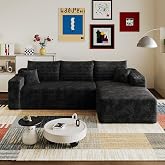 96&rdquo; L - Shape Boneless Modular Sectional Cloud Couch with Chaise - Modern Comfy Corduroy Compressed couches for Living Room - Memory Foam Sofa, No Assembly Required (Black)