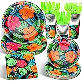 Havawish 168 Pcs Tropical Nights Hawaiian Aloha Party Supplies 7 Inch 9 Inch Disposable Luau Paper Plates Cups Napkins Knife Fork Spoon Serve 24 Guests for Summer Beach Pool Dinnerware Decorations