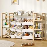 EXPERLAM Large Toy Storage Organizer, Top Rack, 6 Side Shelves, 9 Bins | Solid wood kid-height storage for toys, books and blocks, with easy access for kids bedrooms, nurseries and playrooms