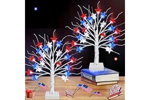 STZMAMIL 2 Pack 18 Inch 4th of July Decorations Tree with 24 LED Red White Blue Star Lights, Timer/USB/Battery Operated Fourth of July Patriotic Decor Tree Lights for Home Table Independence Day Memorial Day