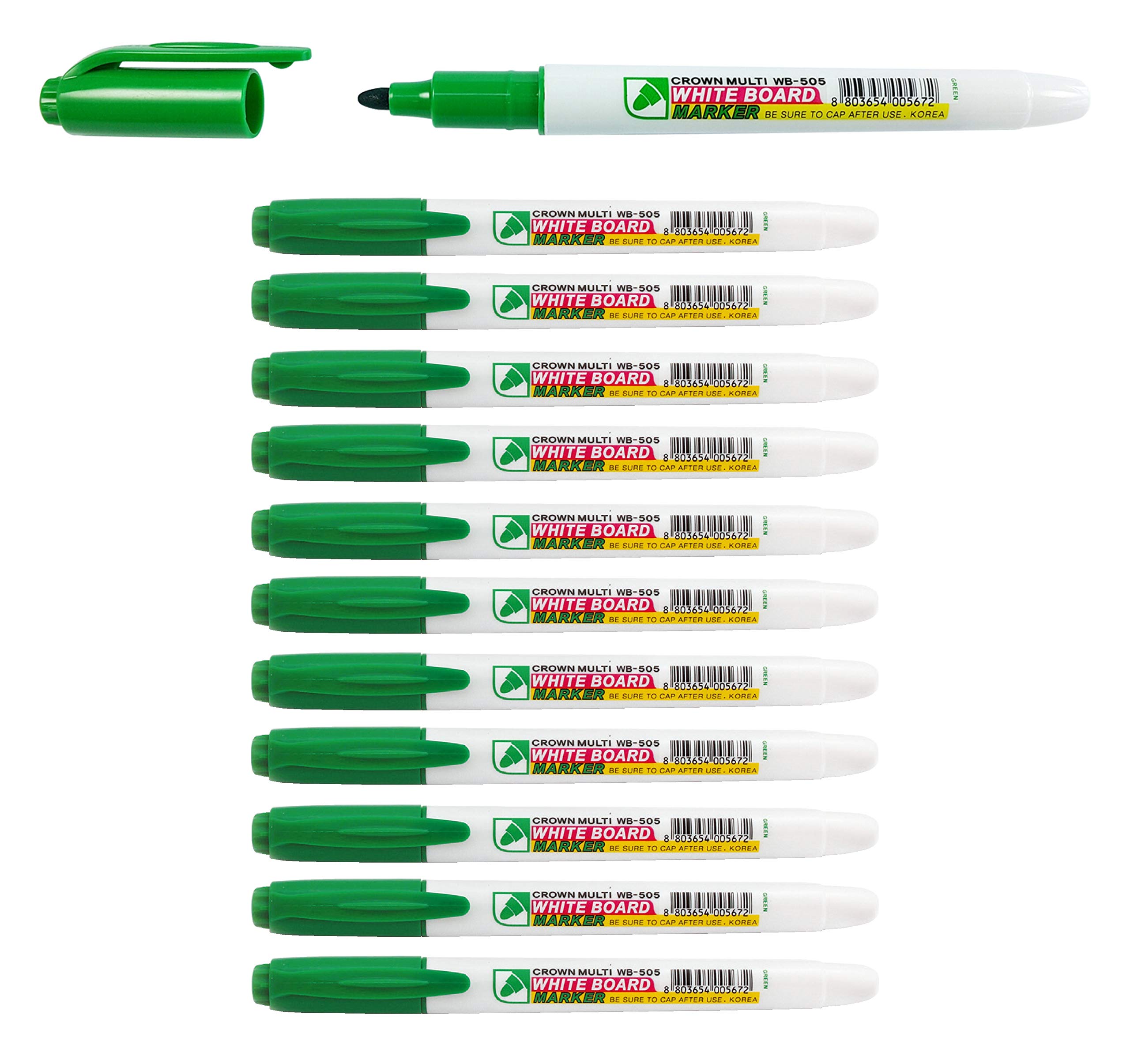 CROWN WB505 Drywipe Pens Bullet Tip - Pen Style Markers - Pack Of 12 - Dry Erase Ink - Green - 2mm Line