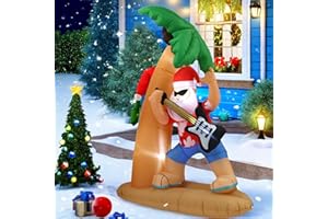 InfleasJoiy 7FT Santa Claus Playing Guitar Under Coconut Tree Christmas Inflatable Decoration with LED Lights, Suitable for Holiday Celebration Decorations on Yards, Lawns and Patios