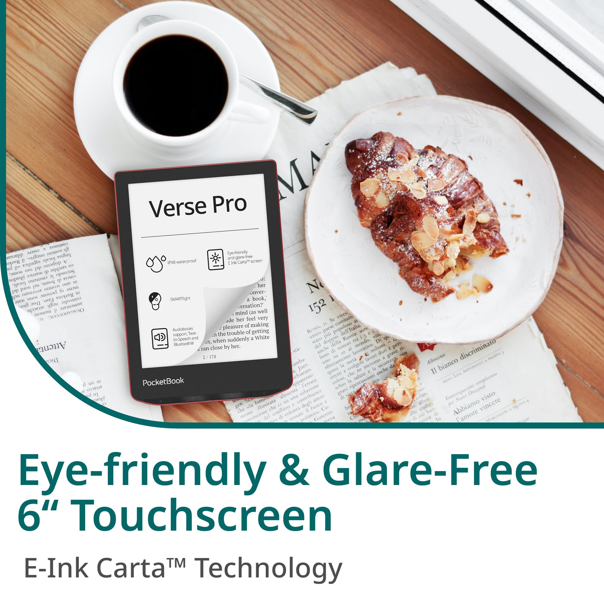 PocketBook Verse Pro E-Reader Waterproof | Eye-Friendly 6'' E-Ink Carta™ HD Touchscreen | Audio-Book & E-Book Reader | Text-to-Speech Function | SMARTlight | 16GB | WiFi & Bluetooth | Red