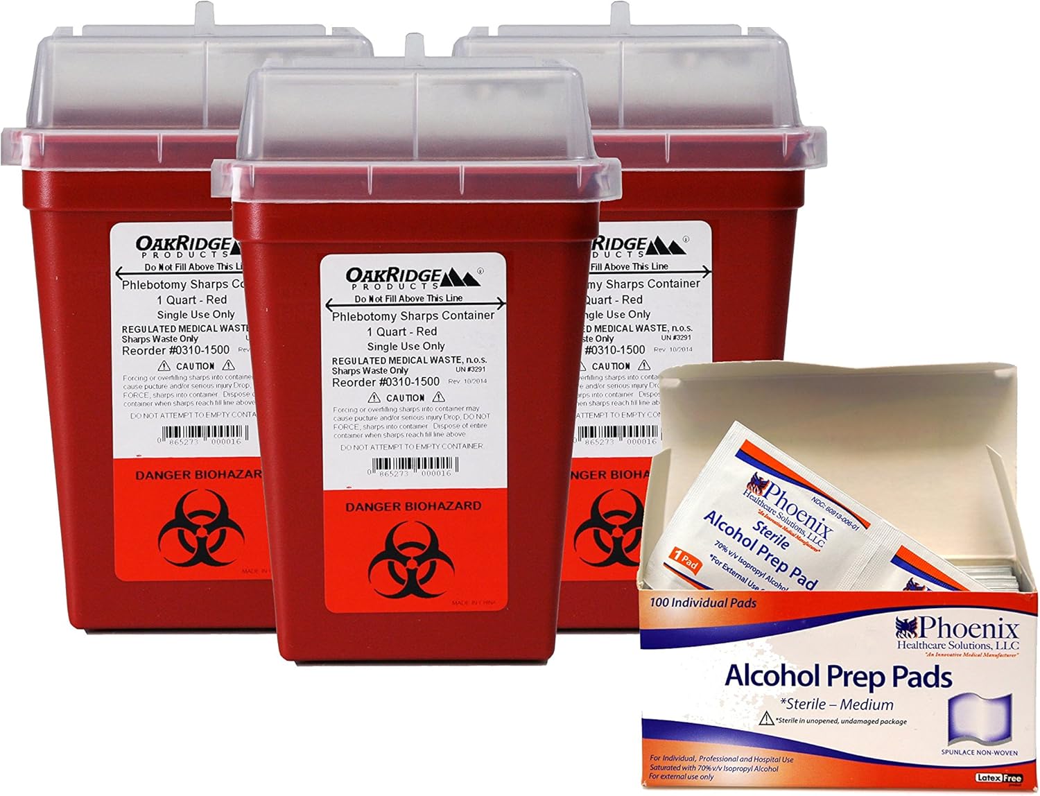 Oakridge Sharps Container - 1 Quart (Pack 3) Plus 100-70% Alcohol Hand Sanitizer Wipes