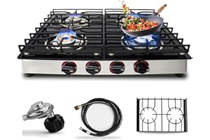 SONRET 4 Burner Gas Stove Top - 25" Black Tempered Glass Counter Top Stove Gas Cooktop, Stainless 4 Gas Stove Burners rv stove for Cooking Range Gas, with Hose & Regulator to Connect propane cooktop