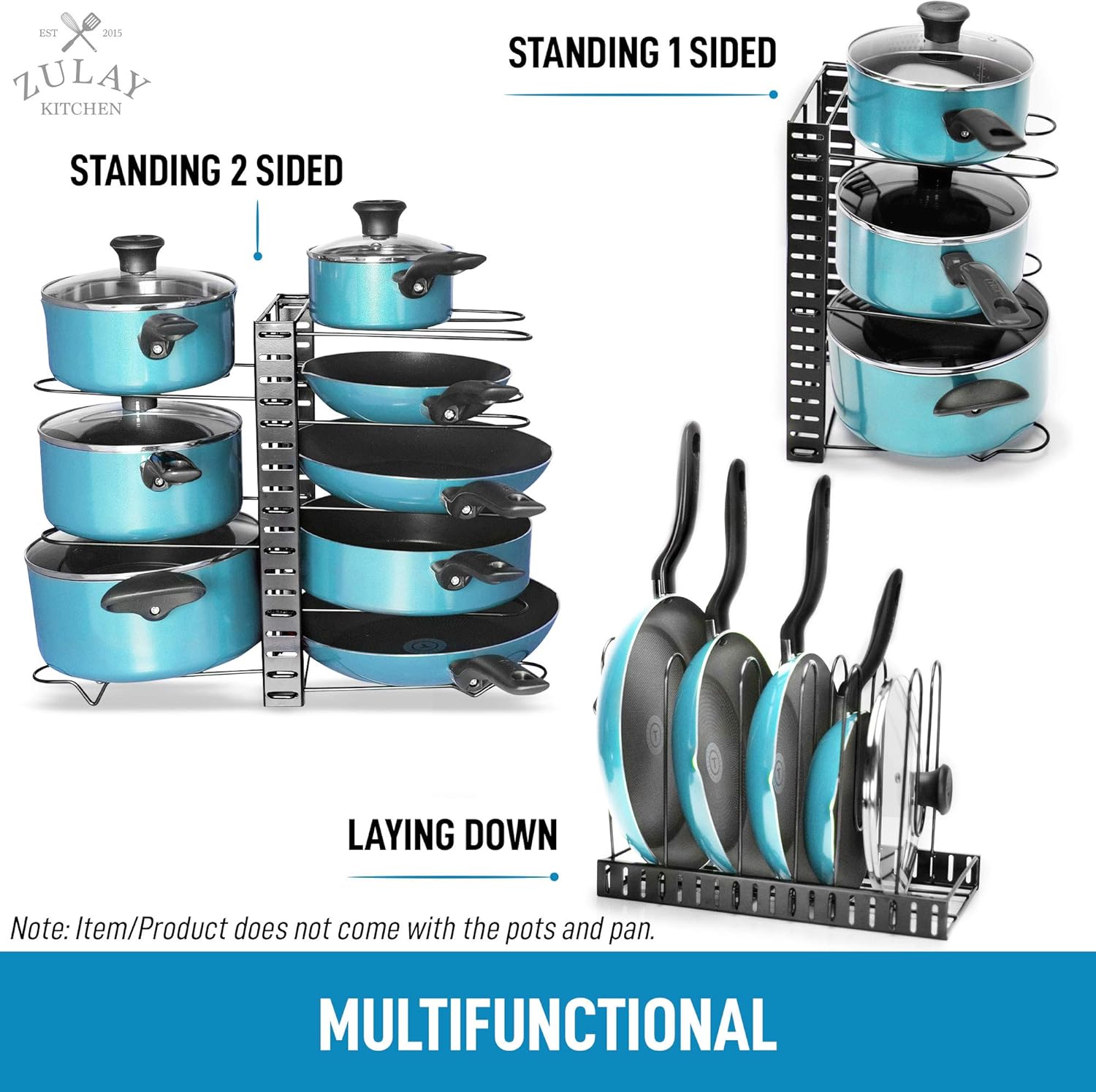 Zulay 8-Tier Pots and Pans Organizer Under Cabinet - Easy 3 Adjustable Method Pan Organizer Rack For Cabinet - Kitchen Pot Organizer Rack For Cabinet For Large & Small Cookware: Home Improvement