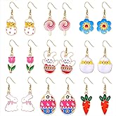 9 Pairs Easter Earring Set for Women Colorful Egg Carrot Bunny Drop Dangle Earrings Cute Spring Flower Earrings Easter Party Holiday Gifts