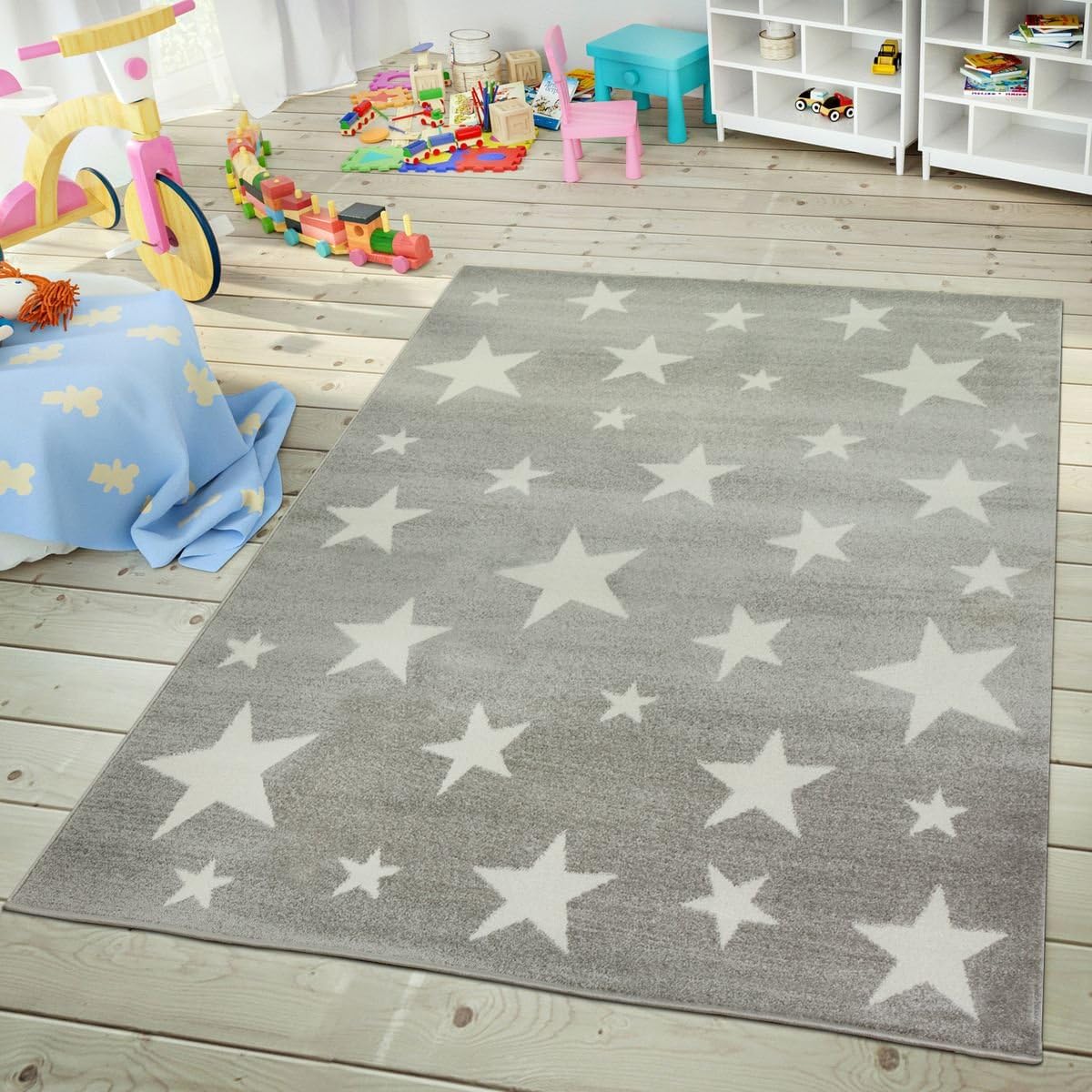 Kids Room Rug Starry Sky Design Star Trend for Playroom Pastel in Grey White, Size:5'3" x 7'3"