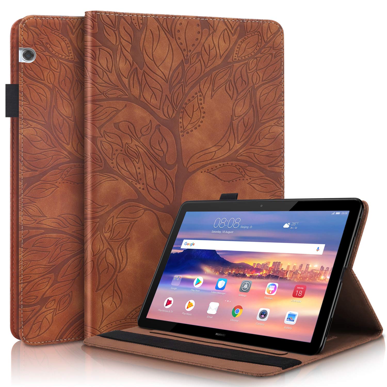 Aswant Huawei Mediapad T5 10 Case PU Leather Embossed Tree Desgin Wallet Folio Flip Cover Card Slot Pen Holder Stand Function Tablet Case for Huawei Tablet Mediapad T5 10.1 Inch 2018 - Brown