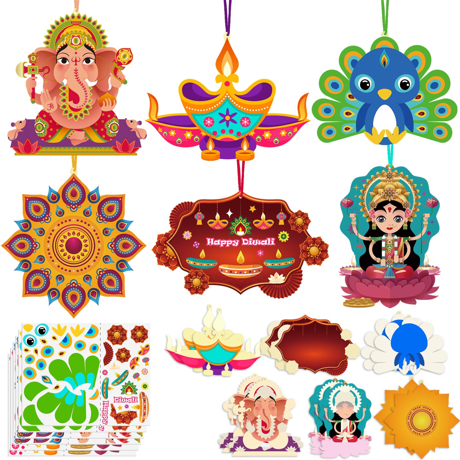 PopManko Diwali Crafts for Kids, 12 Pack Diwali Arts and Crafts Gifts for Kids, Diwali Activities Foam Stickers Craft Kits Party Bag Fillers Make Your Own House Diwali Decorations (Diwali)