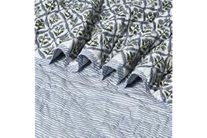 Ridhi Cotton Reversible Quilt Hand Block Printed Queen 90 x 96 Light Steel Blue Soft Lightweight Blanket for Sofa Couch & Bed Décor Lightweight Soft Breathable Handmade