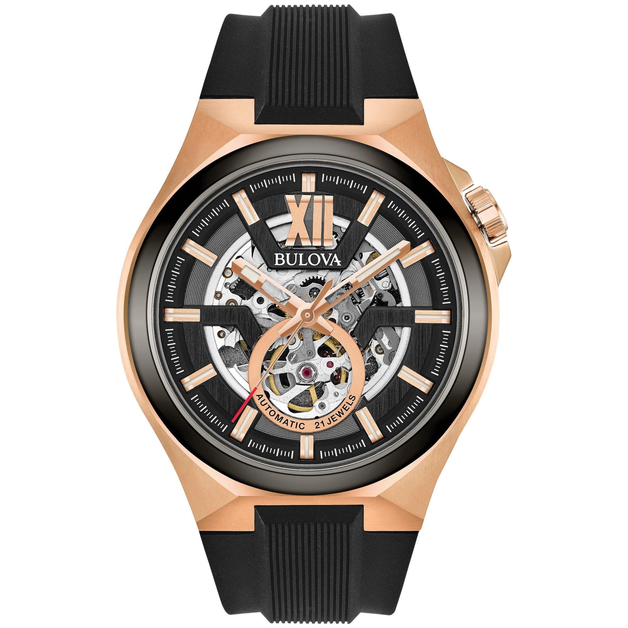 Reloj automático Bulova Classic Maquina de acero inoxidable en oro rosa con 3 manecillas y correa de silicona negra, esfera esqueleto Estilo: 98A177