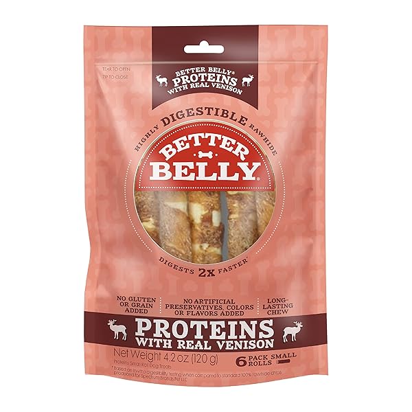 BETTER BELLY PROTEINS WITH REAL VENISON SMALL ROLLS 6 COUNT, DIGESTIBLE RAWHIDE FOR DOGS, 4.2 OZ