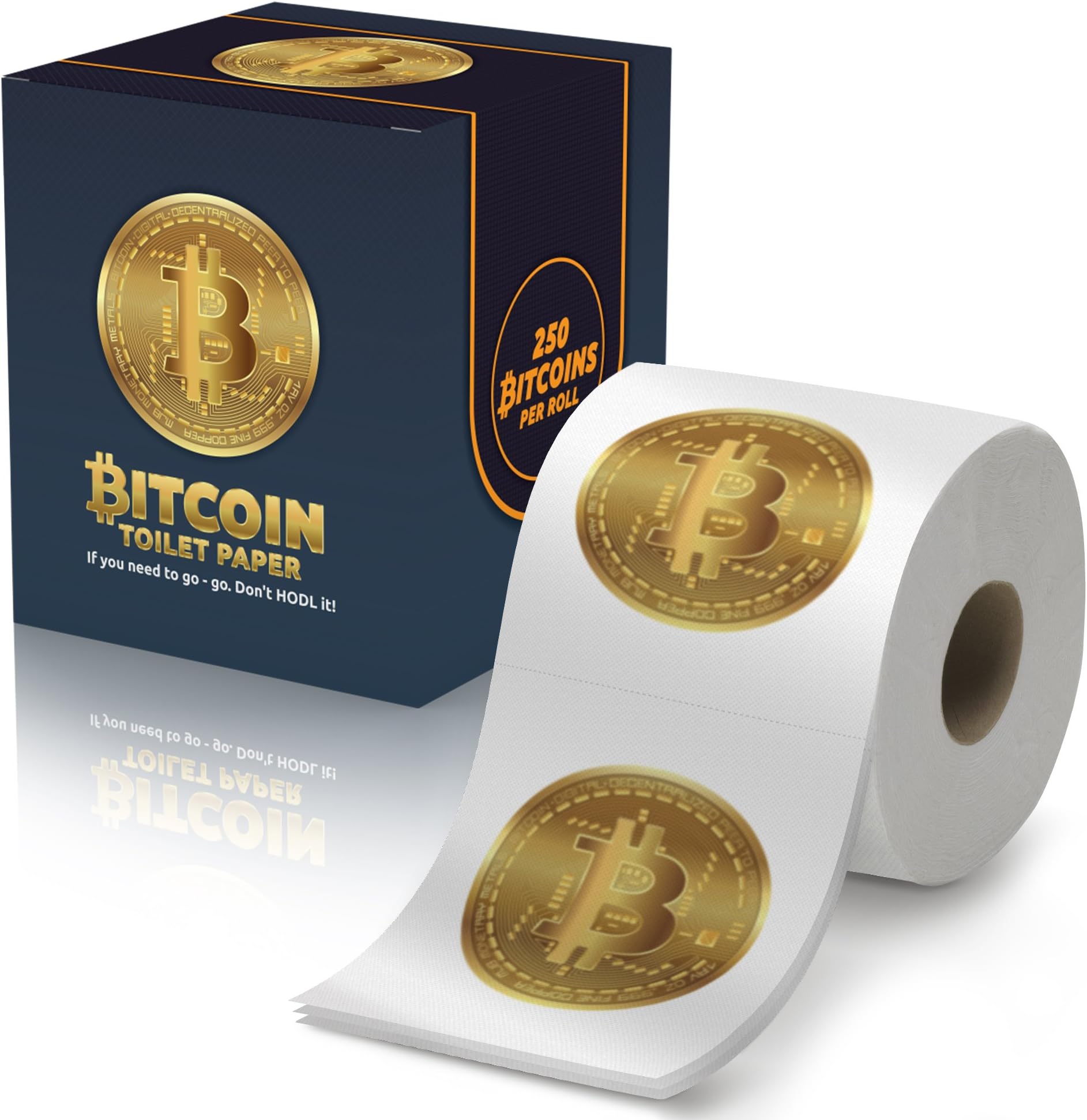 Bitcoin Toilet Paper Roll - Funny Cryptocurrency Novelty Prank Gag Gift Idea for Crypto Traders and Haters | 3 Ply Joke Bathroom Tissue 250 Sheets in Each Roll | Colorful Present Box