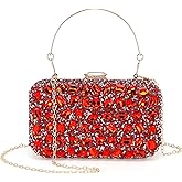 DTGN Evening Bags Clutch Purses for Women Formal, Gemstone Handbag Crystal Rhinestone Crossbody Square Bag with Chain Shoulder Bag Sparkly for Wedding Guest Party Red